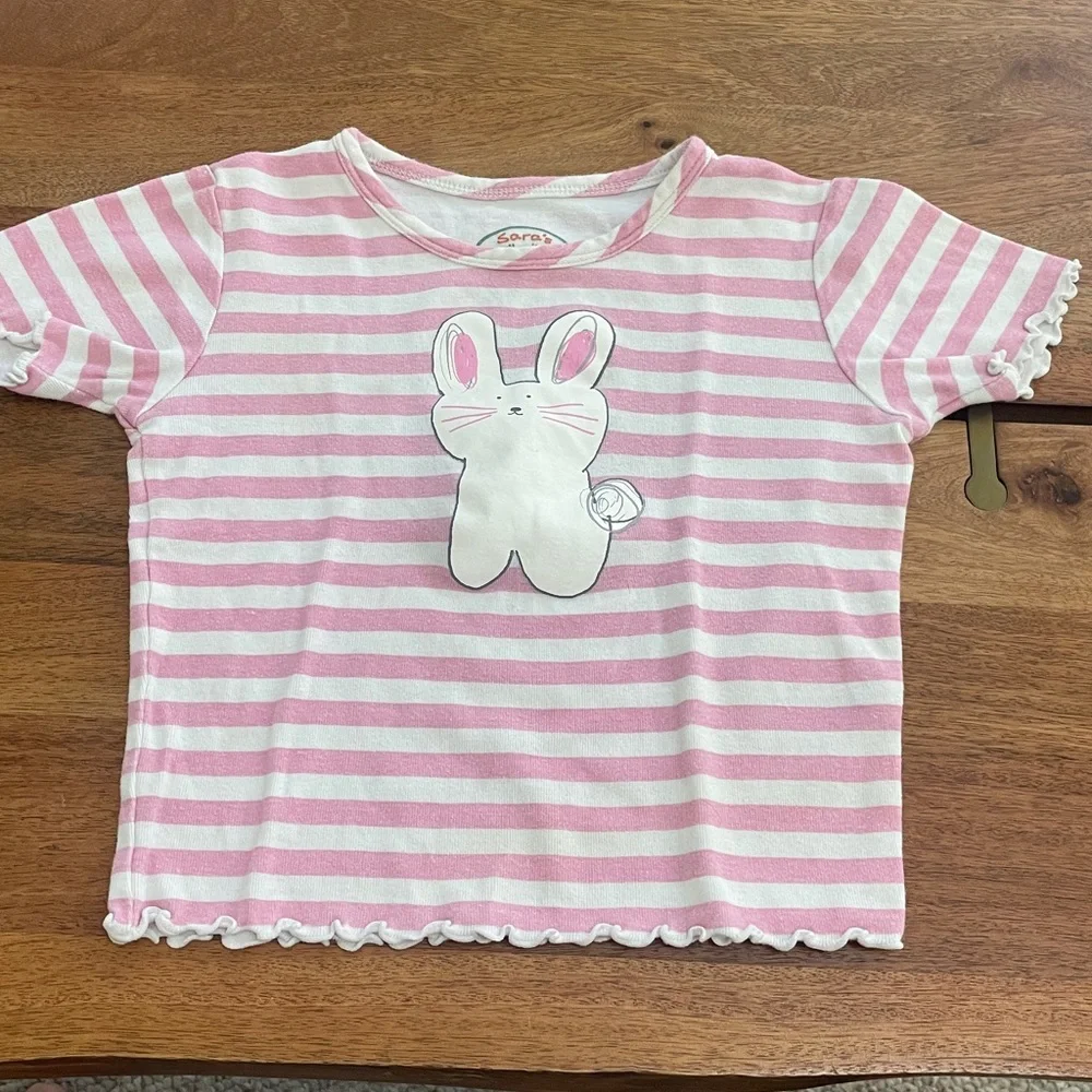 Sara's Prints Pink & White Striped Bunny Pajama Set. Short sleeve/shorts. Soft.